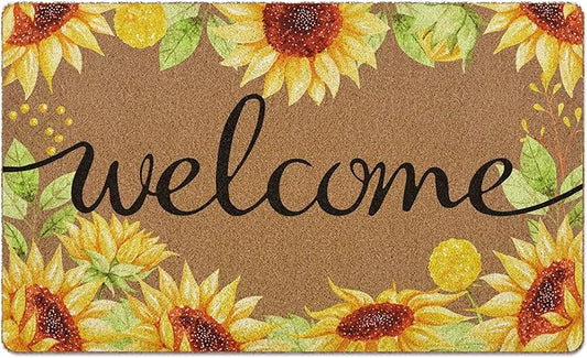 Sunflower Welcome Door Mat, Summer Sunflower Doormat, Sunshine Welcome Front Door Mat Outside Indoor Entrance, Botanical Artificial Coir Doormats Rugs for Patio Entry Home Decor, 30x17in