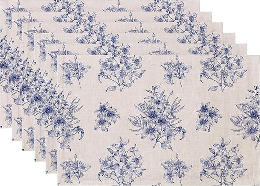 LilyCat Linen Fabric Blue Floral Placemats, Waterproof Durable Boho Dining Table Mats for Kitchen, Rustic Vintage Washable Place Mats Set of 6, 18’’× 12’’