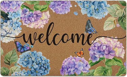 Hydrangea Floral Door Mat Doormat, Cottagecore Butterfly Flower Welcome Front Door Mat Indoor Outdoor Entrance, Rustic Artificial Coir Doormats Rugs for Porch Patio Entryway Home Decor 30x17in
