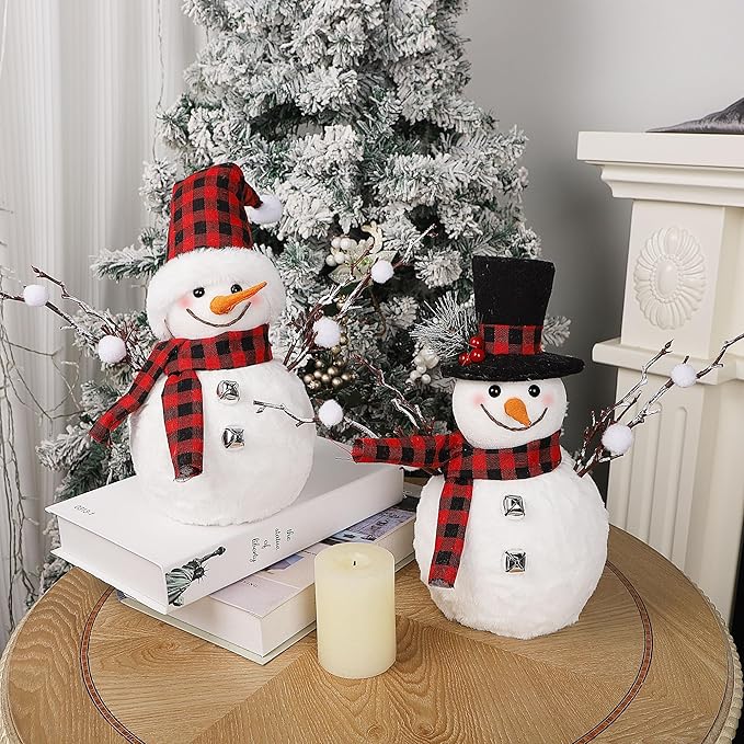 Lulu Home 2 Packs Christmas Snowman Decorations, 15.4" H Snowmen Wearing Buffalo Check Scarfs & Hats, Xmas Plush & Foam Tabletop Ornaments for Mantel Fireplace Window Sill Holiday Decor