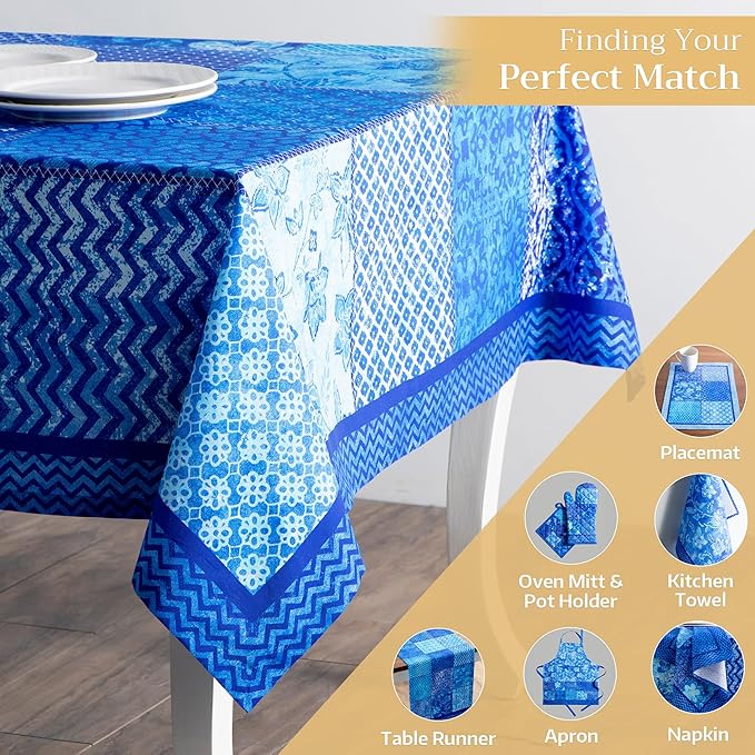 Maison d' Hermine Table Cloth Rectangle Table 100% Cotton 70 x 90 Inches Tablecloth Reusable Decorative for Dining Room, Farmhouse, Home, Party, Festive & Wedding Spring Summer - Indigo Love