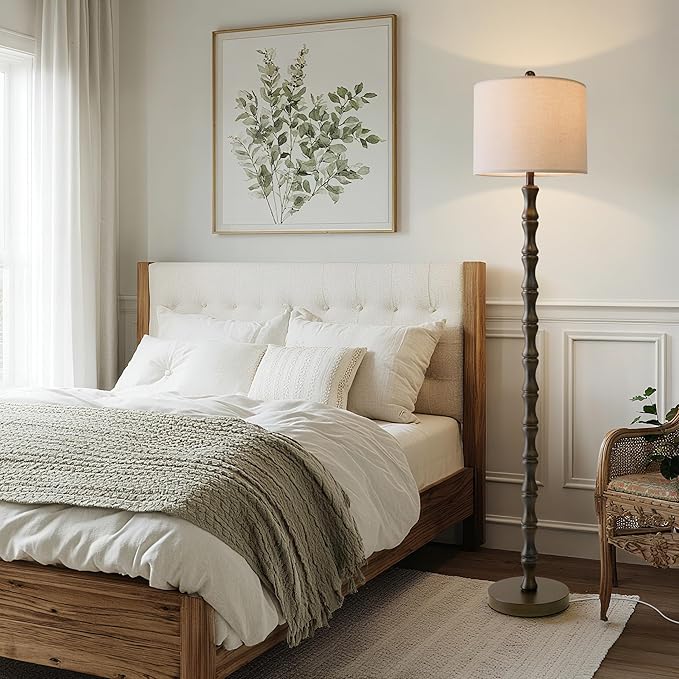 BOBOMOMO 62" Rustic Farmhouse Floor Lamp Dark Brown with Remote & Dimmable 9W Bulb, 3 Color Temperatures Resin Standing Lamp, Retro Tall Lamp for Living Room, Bedroom, Nursery, Office, Reading Nook