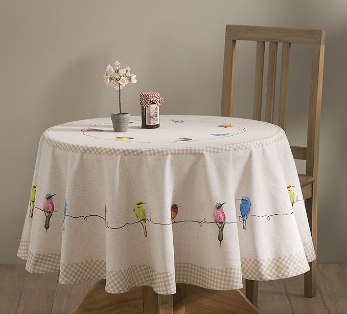Maison d' Hermine Table Cloth Round Table 100% Cotton 69 Inches Tablecloth Reusable Decorative Everyday Use for Dining Room, Farmhouse, Home, Party, Festive & Wedding Spring Summer - Birdies On Wire