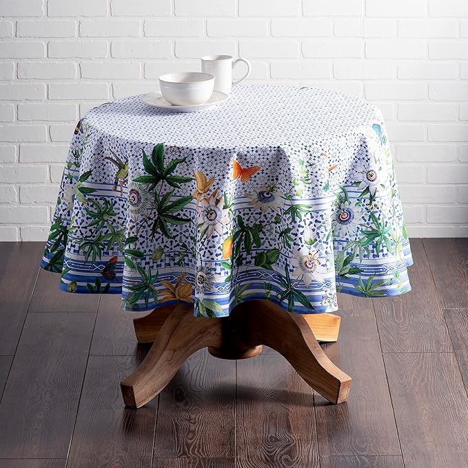 Maison d' Hermine Table Cloth Round Table 100% Cotton 63 Inches Tablecloth Reusable Decorative Everyday Use for Dining Room, Farmhouse, Home, Party, Festive & Wedding Spring Summer - Passiflora