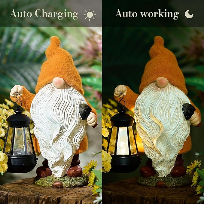 TERESA'S COLLECTIONS Christmas Outdoor Statue for Home, Resin Gnome Decorations with Solar Outdoor Lights for Garden Decor,Yellow Garden Sculptures & Statues for Front Patio Lawn, Gifts for Mom,12"