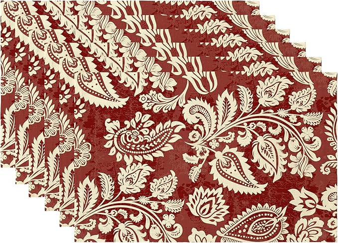 LilyCat Linen Fabric Red Paisley Floral Placemats, Durable Boho Dining Table Mats for Kitchen, Rustic Vintage Washable Place Mats Set of 6, 18’’× 12’’