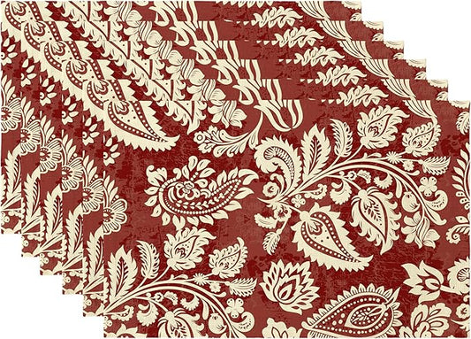LilyCat Linen Fabric Red Paisley Floral Placemats, Durable Boho Dining Table Mats for Kitchen, Rustic Vintage Washable Place Mats Set of 6, 18’’× 12’’