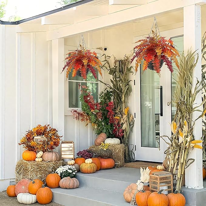 Hollyone Fall Hanging Baskets Small Artificial Fern Orange 21 Leaves Fall Hanging Decor Plant Boston Ferns Silk Plants with Black Rattan Baskets Outdoors Indoor Fake Fern Autumn Decorations for Home
