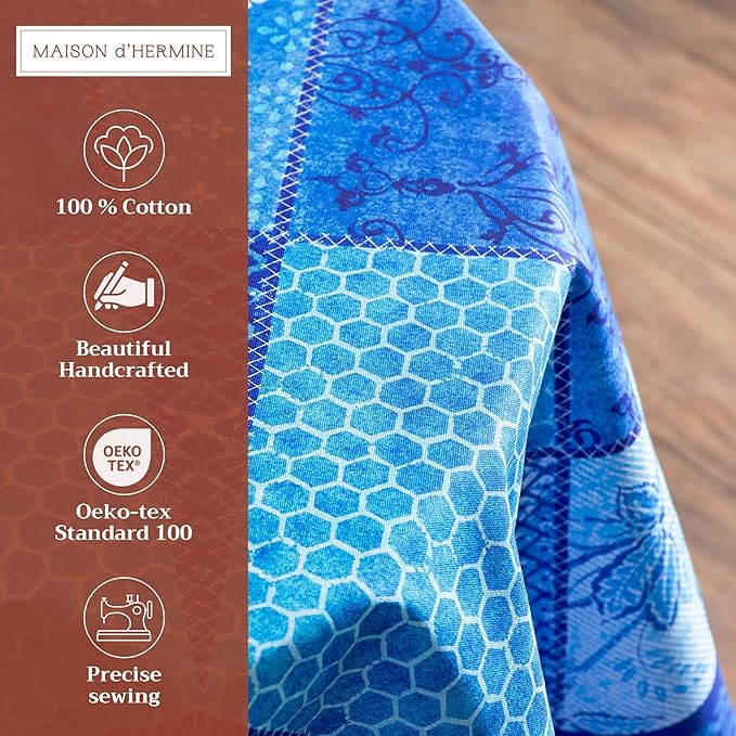 Maison d' Hermine Table Cloth Round Table 100% Cotton 63 Inches Tablecloth Reusable Decorative Everyday Use for Dining Room, Farmhouse, Home, Party, Festive & Wedding Spring Summer - Indigo Love