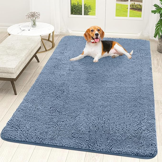 OLANLY Dog Door Mat for Muddy Paws 59x35, Absorbs Moisture and Dirt, Absorbent Non-Slip Washable Doormat, Quick Dry Chenille Mud Mat for Dogs, Entry Indoor Entryway Carpet for Inside Floor, Airy Blue