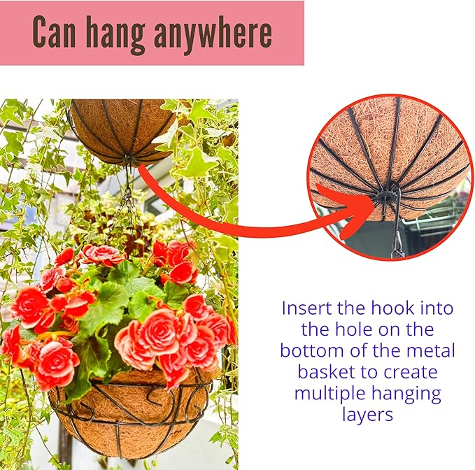 LaLaGreen Hanging Planter for Outdoor Plants (2 Pack, 16 Inch) Hanging Baskets with Coco Liner, Metal Wire Flower Basket Pots with Hook Hanger Balcony Porch Farmhouse Country Style Garden Decor