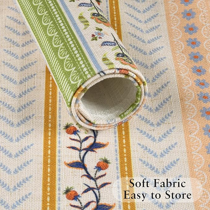 LilyCat Linen Fabric Multicolor Floral Placemats, Stripes Durable Boho Dining Table Mats for Kitchen, Rustic Vintage Washable Place Mats Set of 4, 18’’× 12’’