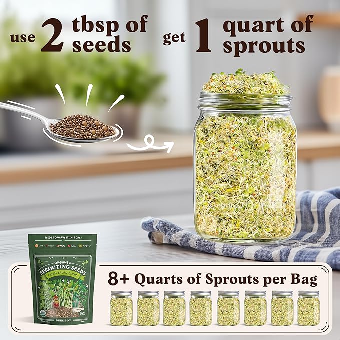 Organic Sprouting Seeds - Salad Blend Variety- Non-GMO, USA Grown Microgreens Mix - Alfalfa, Broccoli, Radish, Mung Bean, Lentil - Makes 8 Quarts of Sprouts, 24 Servings (8 oz) (Salad Blend)