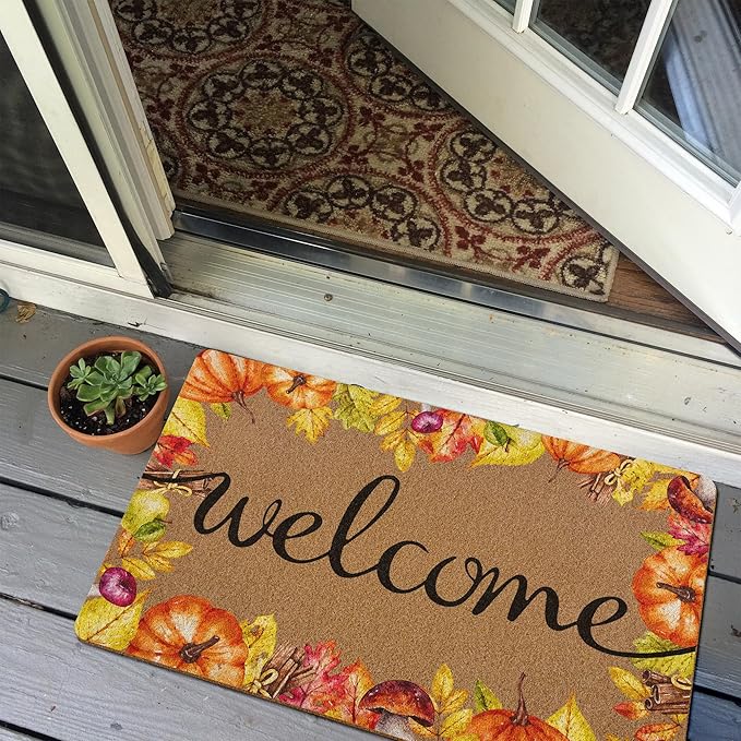 Fall Pumpkin Welcaome Door Mat, Fall Pumpkin Welcome Front Door Mat Indoor Outdoor Entrance, Seasonal Autumn Artificial Coir Doormats Rugs for Porch Entryway Decor 30x17in