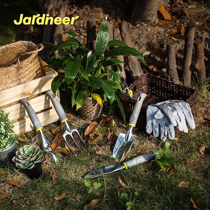 Jardineer Garden Tools Set, 8PCS Heavy Duty Garden Tool Kit with Outdoor Hand Tools, Garden Gloves and Storage Tote Bag, Gardening Tools Gifts for Women and Men