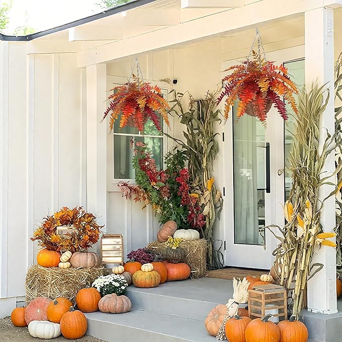 Hollyone Fall Hanging Baskets Small Artificial Fern Orange 21 Leaves Fall Hanging Decor Plant Boston Ferns Silk Plants with Brown Rattan Baskets Outdoors Indoor Fake Fern Autumn Decorations for Home