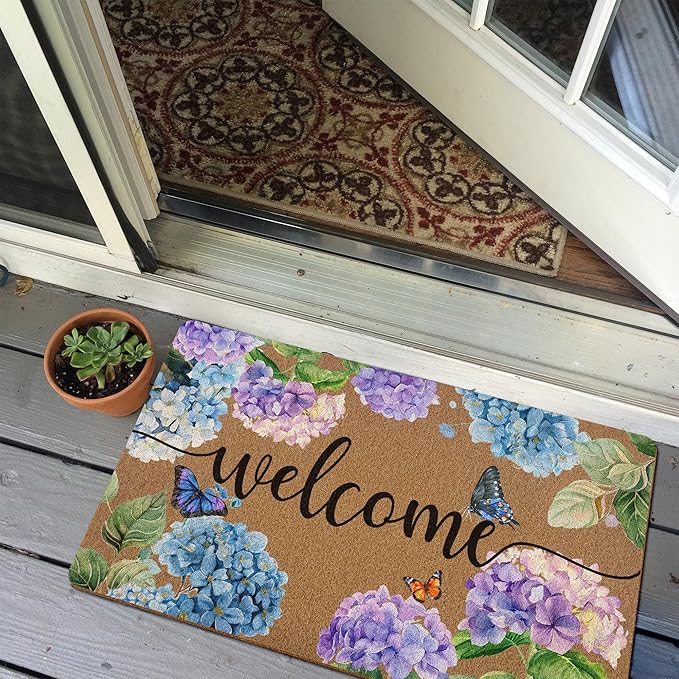 Hydrangea Floral Door Mat Doormat, Cottagecore Butterfly Flower Welcome Front Door Mat Indoor Outdoor Entrance, Rustic Artificial Coir Doormats Rugs for Porch Patio Entryway Home Decor 30x17in