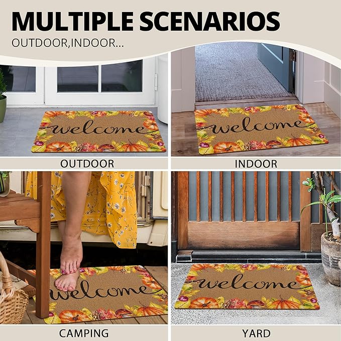 Fall Pumpkin Welcaome Door Mat, Fall Pumpkin Welcome Front Door Mat Indoor Outdoor Entrance, Seasonal Autumn Artificial Coir Doormats Rugs for Porch Entryway Decor 30x17in