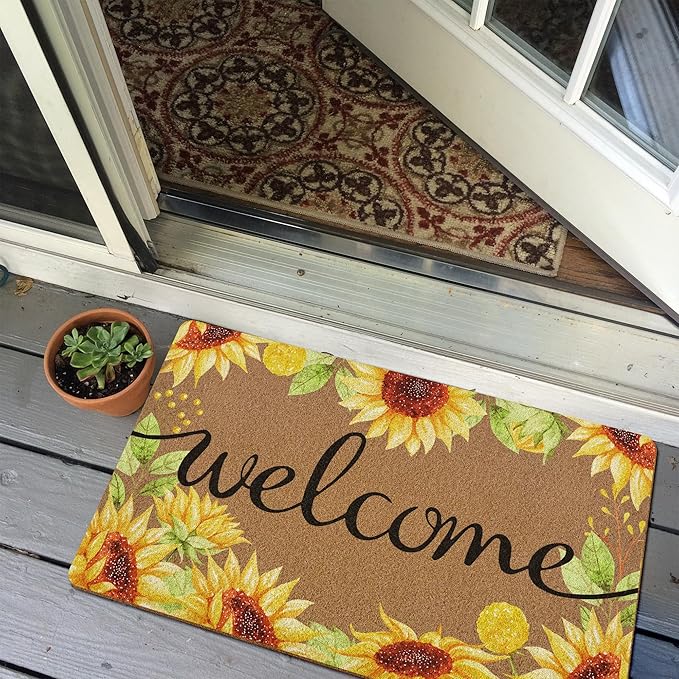 Sunflower Welcome Door Mat, Summer Sunflower Doormat, Sunshine Welcome Front Door Mat Outside Indoor Entrance, Botanical Artificial Coir Doormats Rugs for Patio Entry Home Decor, 30x17in