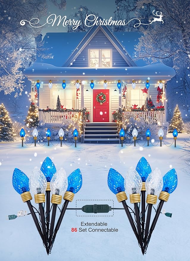 Brightown Strawberry Jumbo C9 Christmas Pathway Lights Outdoor -2 Pack Total 17 Feet 10 LED Jumbo C9 Walkway Lights, Christmas Lights Outdoor Decorations for Lawn Outside Holiday, Blue & Pure White
