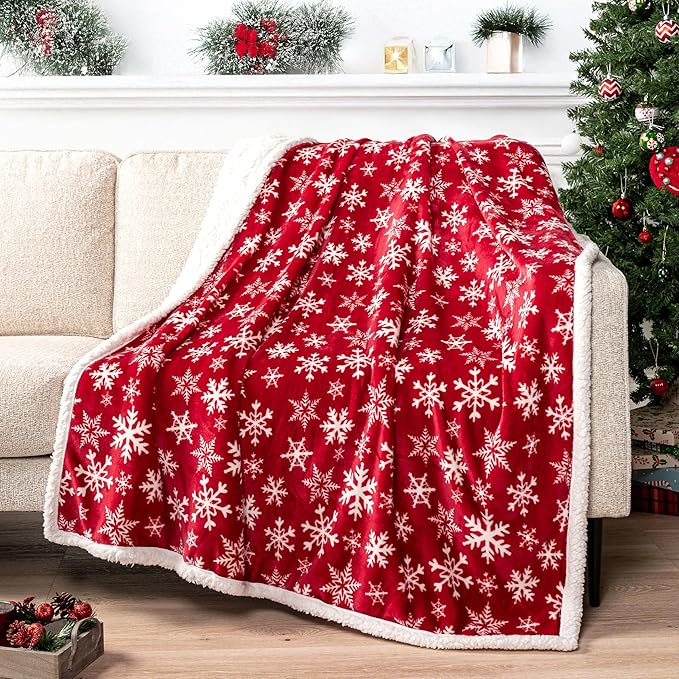 PAVILIA Red Snowflake Christmas Sherpa Throw Blanket, Ultra Soft Reversible Fleece Sherpa 60x80 Winter Blanket for Couch & Bed, Cozy Christmas Home Decor