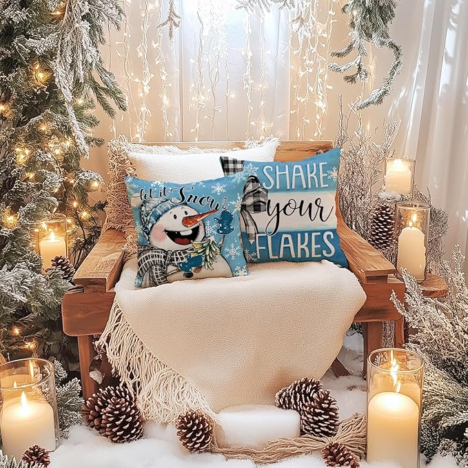 GEEORY Winter Chillin' with My Snowmies Throw Pillow Covers 20x20 Inch Set of 4, Snowmen Let it Snow Shake Your Flakes Blue Holiday Farmhouse Decorative Cushion Cases for Home Decoration G640-20