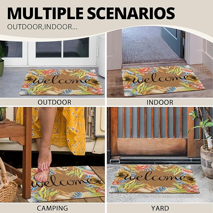 Beach Coastal Welcome Door Mat, Summer Doormat, Ocean Welcome Front Door Mat Indoor Outdoor Entrance, Beachy Seashell Artificial Coir Doormats Rugs for Patio Entry Home Decor, 30x17in