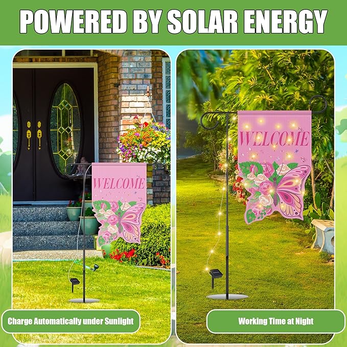 3 Set Seasonal Garden Flags with 8 Modes Solar LED Double Sided 12 x 18 Inch Small Yard Flags Outdoor Lighted Welcome Spring Easter St. Patrick's Day Clover Garden Decor for All Seasons