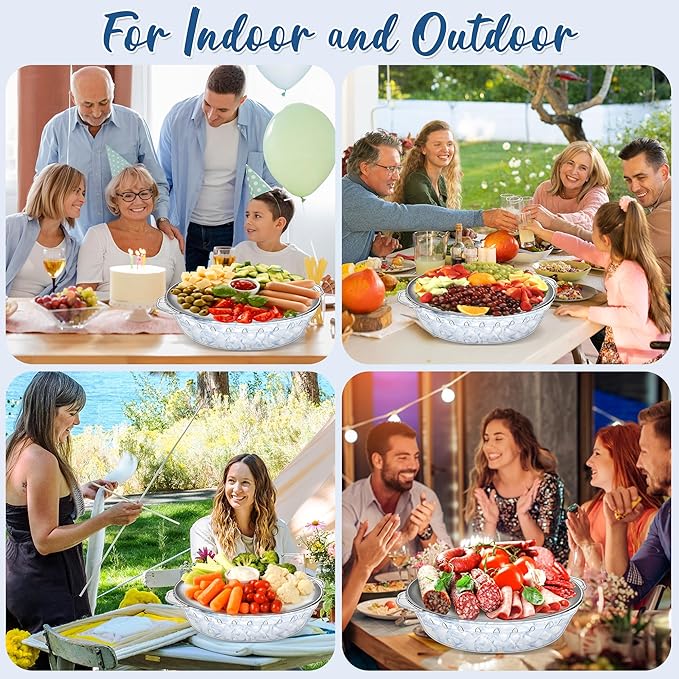 Chilled Serving Tray 4-Pack, 11.8" Compartment Charcuterie Board with Clips & Forks for Parties, Keeps Food Cold for Vegetable Fruit, Cheese, Seafood Shrimp Cocktail Serving Dish