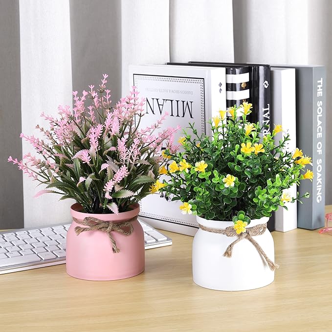 Fake Potted Plants - 4pcs Artificial Plants & Flowers in Macaron Pot Small Faux Plants Indoor Fake Plant Decor, Desk Plant for Home Bathroom Kitchen Shelf Office Decor