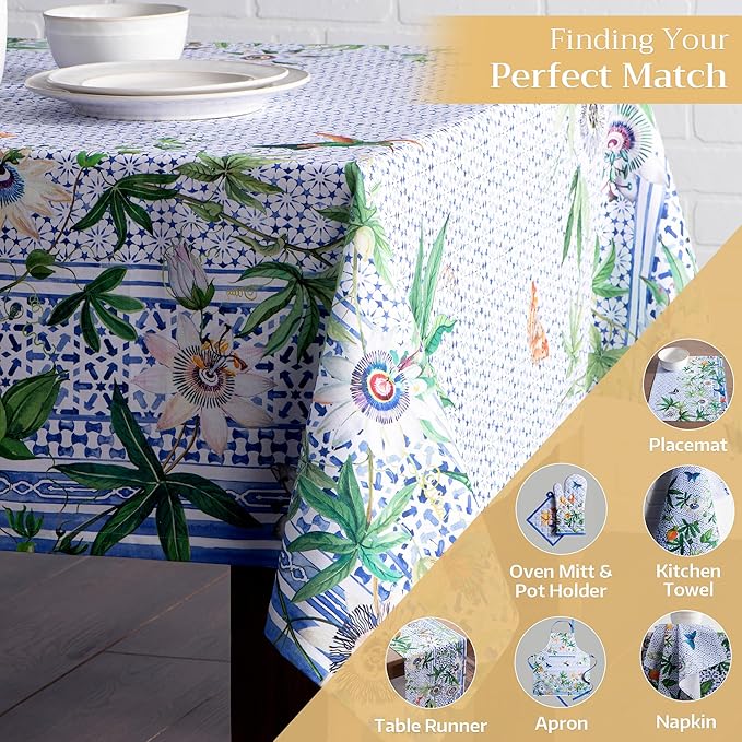 Maison d' Hermine Table Cloth Rectangle Table 100% Cotton 54 x 72 Inches Tablecloth Reusable Decorative for Dining Room, Farmhouse, Home, Party, Festive & Wedding Spring Summer - Passiflora