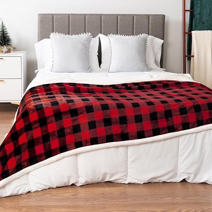 PAVILIA Black and Red Buffalo Plaid Sherpa Throw Blanket for Couch Twin, Soft Fuzzy Flannel Blanket for Bed, Plush Checkered Fleece Blanket and Throws, Warm Thick Winter Blanket Gift, 60x80
