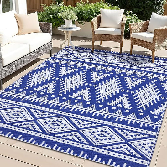 OLANLY Outdoor Rug Waterproof 5x8 ft, Reversible Outdoor Plastic Straw Rug, Boho Patio Rug, Indoor Outdoor Carpet, RV Mat Outside for Patio, Camp, Picnic, Balcony, Deck, Backyard, Blue & White