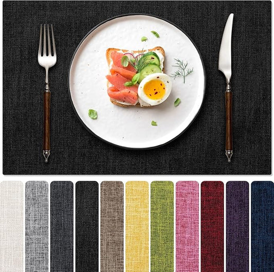 Blue Forest Placemats Set of 6, Dual-Layered Thickened Faux Linen Cloth Place Mats Heat Resistant Machine Washable Wrinkle Free Table Mats Indoor/Outdoor (Black)