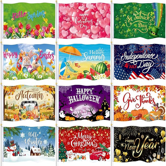 12 Pcs Seasonal Garden Flag 3 x 5 ft Yard Flags for Outside Double Sided Holiday Banner with Grommets for Spring Summer 4th of July Outdoor Banner Decorations