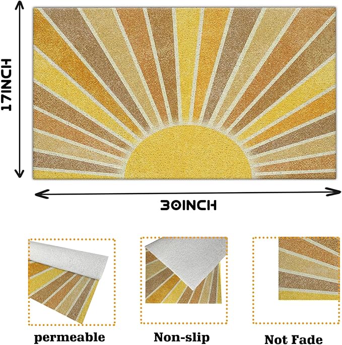 Nogrit Boho Door Mat, Retro Boho Orange Sun Sunshine Doormat Bathmat for Indoor Outdoor Entrance, Mid Century Modern Abstract Welcome Mats for Front Door Outside Porch Entryway, 17x30 Inches