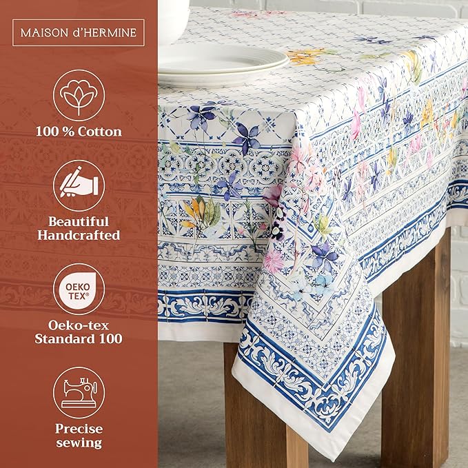 Maison d' Hermine Table Cloth Rectangle Table 100% Cotton 54 x 72 Inches Tablecloth Reusable Decorative Everyday Use for Dining Room, Farmhouse, Home, Party, Festive & Wedding Spring Summer - Faience