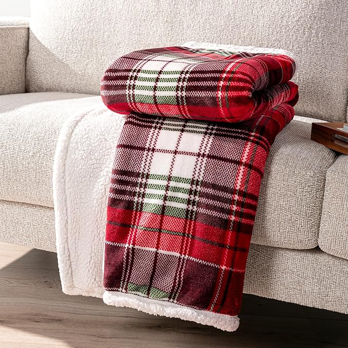 PAVILIA Red Green Christmas Plaid Sherpa Throw Blanket, Holiday Fleece Blanket 50" x 60", Soft Flannel Plush Throw for Couch, Sofa & Bed, Festive Winter Home Decor, Cozy