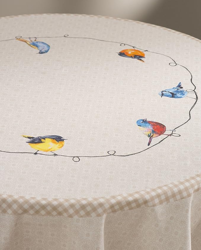 Maison d' Hermine Table Cloth Round Table 100% Cotton 69 Inches Tablecloth Reusable Decorative Everyday Use for Dining Room, Farmhouse, Home, Party, Festive & Wedding Spring Summer - Birdies On Wire