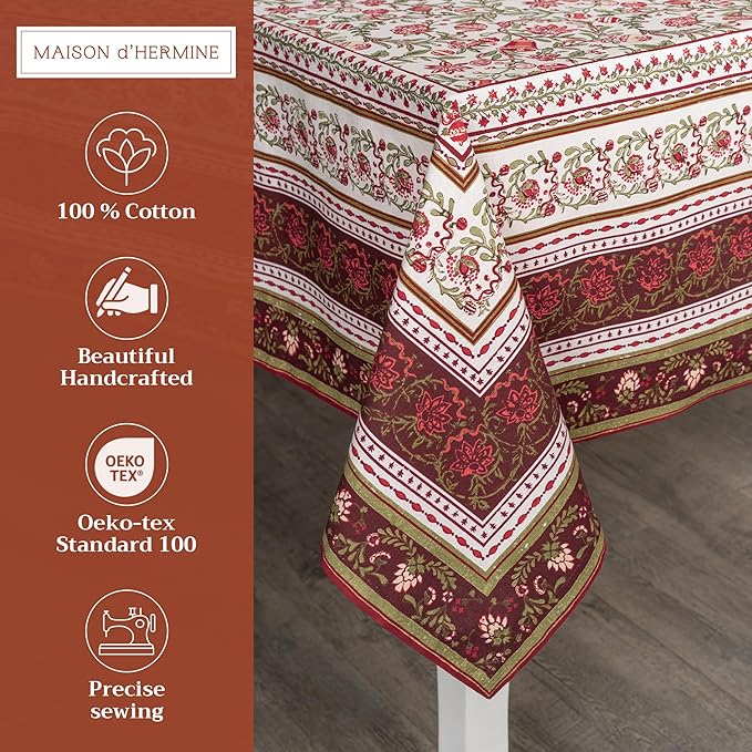 Maison d' Hermine Table Cloth Rectangle Table 100% Cotton 70 x 120 Inches Fall Tablecloth Reusable Everyday Use for Thanksgiving Christmas Decorations Dining Farmhouse Party (Reveillon Au Jardin)