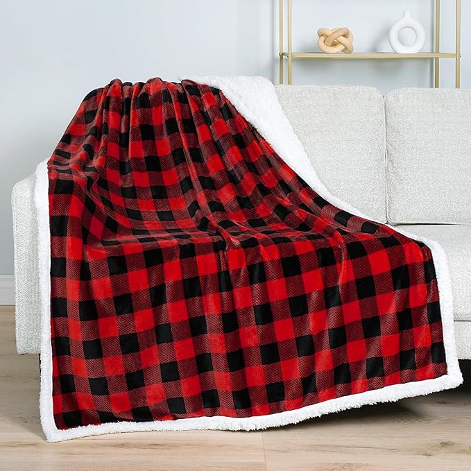 PAVILIA Black and Red Buffalo Plaid Sherpa Throw Blanket for Couch Twin, Soft Fuzzy Flannel Blanket for Bed, Plush Checkered Fleece Blanket and Throws, Warm Thick Winter Blanket Gift, 60x80