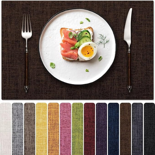 Blue Forest Placemats Set of 4, Dual-Layered Thickened Faux Linen Cloth Place Mats Heat Resistant Machine Washable Wrinkle Free Table Mats Indoor/Outdoor (Brown)
