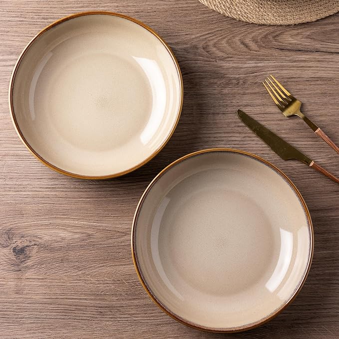 AmorArc 8.5'' Large Pasta Bowls, 36oz Ceramic Pasta Serving Bowls Set of 4 for Kitchen, Wide Bowls for Pasta,Salad,Oatmeal, Microwave Safe, Reactive Glaze-Latte