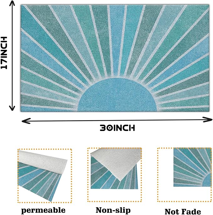 Nogrit Boho Door Mat, Retro Boho Light Blue Sun Sunshine Doormat Bathmat for Indoor Outdoor Entrance, Mid Century Modern Abstract Welcome Mats for Front Door Outside Porch Entryway, 17x30 Inches