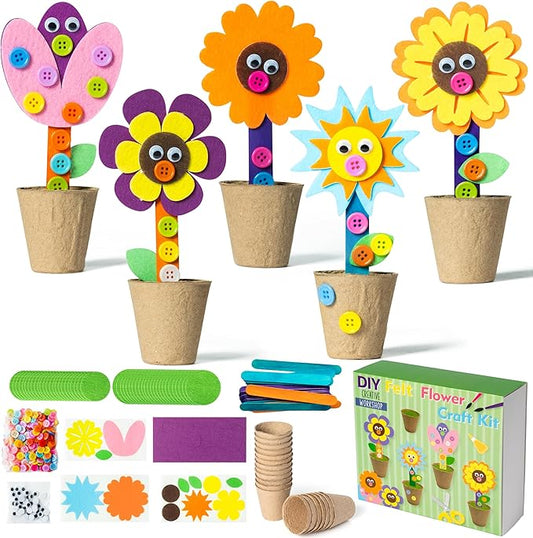 WATINC Valentines Day Felt Flower Craft Kits - Make Your Standing Spring Flowers Gift Crafts with Buttons Flower Pot Decor, DIY Flowers Decorations Home School Fun Activities for Mom Kids (24Pcs)