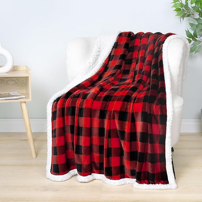 PAVILIA Black and Red Buffalo Plaid Sherpa Throw Blanket for Couch Twin, Soft Fuzzy Flannel Blanket for Bed, Plush Checkered Fleece Blanket and Throws, Warm Thick Winter Blanket Gift, 60x80