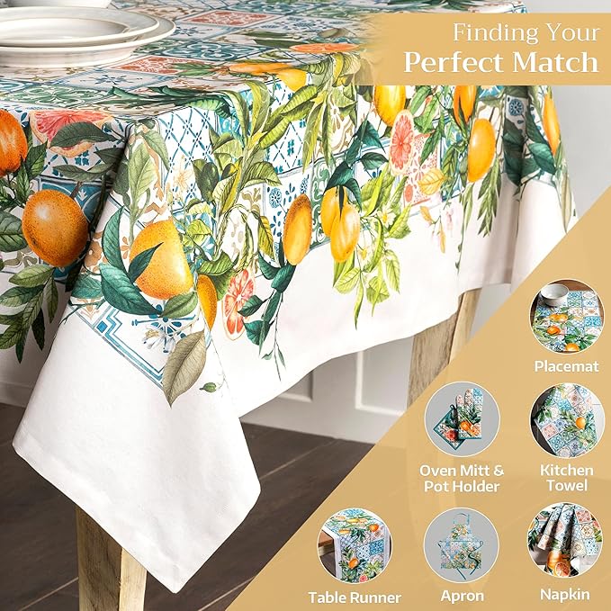 Maison d' Hermine Table Cloth Rectangle Table 100% Cotton 60 x 108 Inches Tablecloth Reusable Decorative Everyday Use for Dining Room, Farmhouse, Home, Party, Festive & Wedding Spring Summer - Agrume