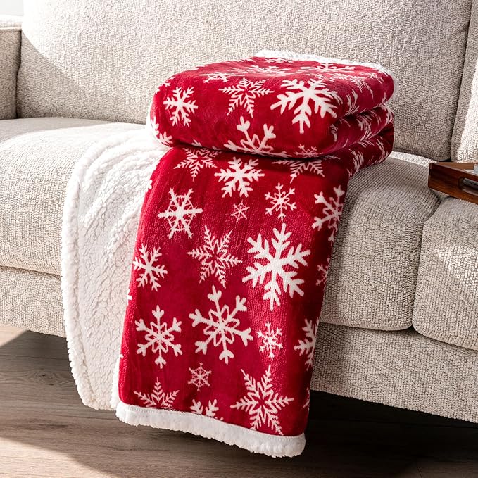 PAVILIA Red Snowflake Christmas Sherpa Throw Blanket, Ultra Soft Reversible Fleece Sherpa 60x80 Winter Blanket for Couch & Bed, Cozy Christmas Home Decor