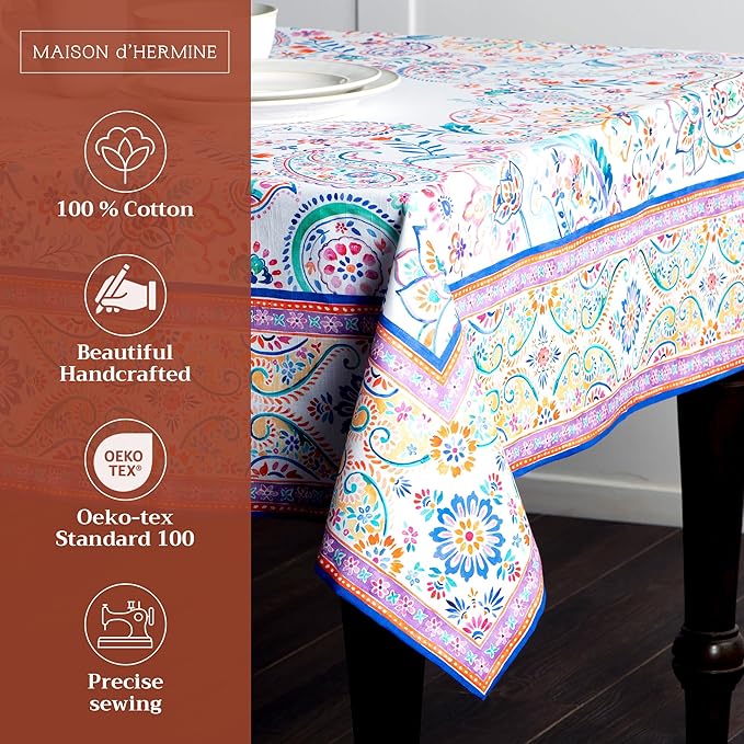 Maison d' Hermine Table Cloth Rectangle Table 100% Cotton 60 x 108 Inches Tablecloth Reusable Decorative for Dining Room, Farmhouse, Home, Party, Festive & Wedding Spring Summer - Indian Floral