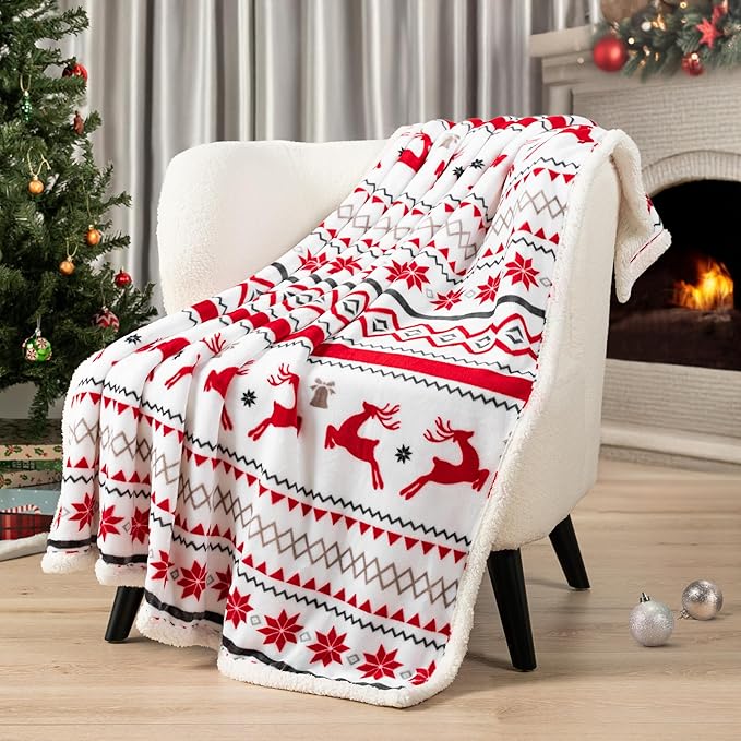 PAVILIA Red White Snowflake Reindeer Christmas Sherpa Throw Blanket, Soft Reversible Fleece Sherpa 50x60 Winter Blanket for Couch & Bed, Christmas Decor